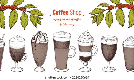 Coffee cups, beans and coffee tree illustration. Vintage design for coffee shop. Engraved vector illustration
