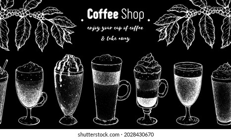 Kaffeetassen, Bohnen und Kaffeebaumgrafik. Vintage-Design für Coffee Shop. Gravierte Vektorgrafik