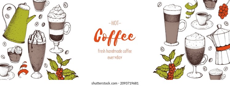 Coffee cups, beans and coffee tree illustration. Vintage design for coffee shop. Engraved vector illustration.