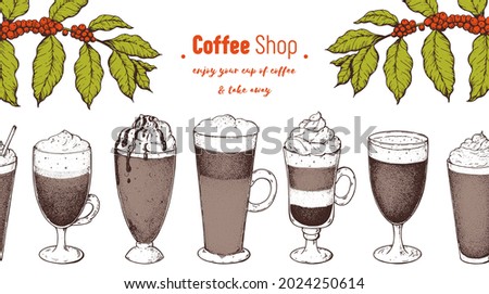 Coffee cups, beans and coffee tree illustration. Vintage design for coffee shop. Engraved vector illustration