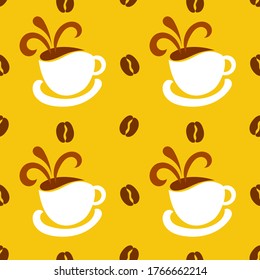 Coffee cups and beans yellow pattern. Vector illustration.
