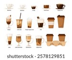 Coffee cups and beverage types illustration set. Vector illustration