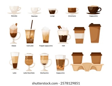 Coffee cups and beverage types illustration set. Vector illustration