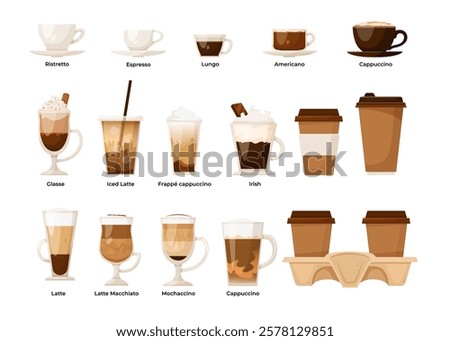 Coffee cups and beverage types illustration set. Vector illustration