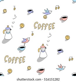 Coffee cups and birds seamless pattern on white background. Cute character design and graphic elements. Cartoon hand drawn style. Wrapping, package, textile design. Perfect for coffee shop.