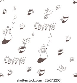 Coffee cups and birds seamless pattern on white background. Cute character design and graphic elements. Cartoon hand drawn style. Wrapping, package, textile design. Perfect for coffee shop.