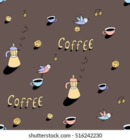 Coffee cups and birds seamless pattern on brown background. Cute character design and graphic elements. Cartoon hand drawn style. Wrapping, package, textile design. Perfect for coffee shop.