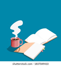 Café y libros colocados   vector.