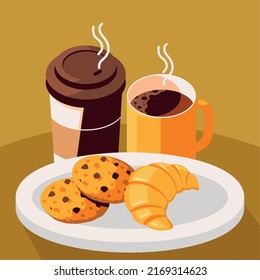 coffee cups and bread with cookies, isometric