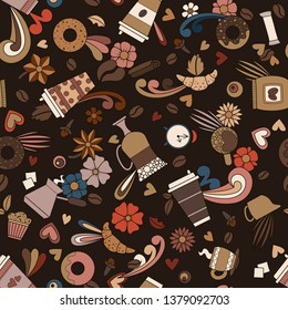 Coffee cups bright design. Seamless pattern background. Vector illustration.