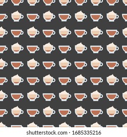 Coffee cups. Caffeine lovers concept.  Minimalistic Icons. Colored vector Illustration. Cartoon style, simple Flat design. Seamless pattern. Background, Wallpaper