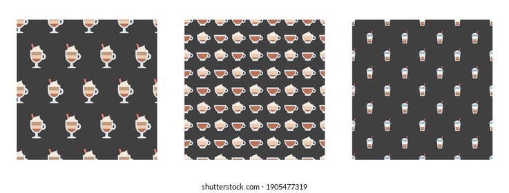Coffee cups. Caffeine lovers concept. Colored vector Illustration. Cartoon style, minimalistic design. Set of three Seamless patterns. Dark Background. Perfect for textile prints, wrapping paper