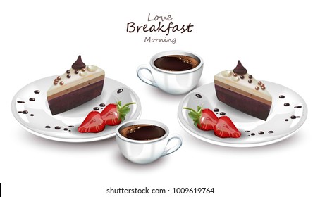 Coffee cups and cake slices Vector realistic. Coffeetime desserts cards