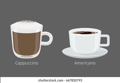 Coffee cups with Cappuccino and Americano on grey background with name text under each cup. Kinds of Italian coffee. Minimalist isolated vector illustration of hot beverages for coffee shops and cafes