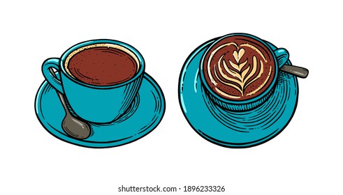 Coffee cups with cappuccino. Engraved colored sketch of coffee mugs. Vector illustration