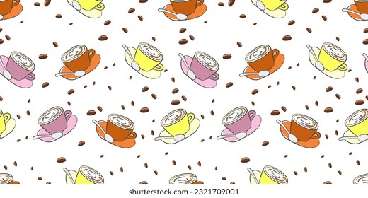 Coffee cups with cappuccino. Hot drink. Seamless pattern for textiles and printing, suitable for backgrounds and menus in cafes