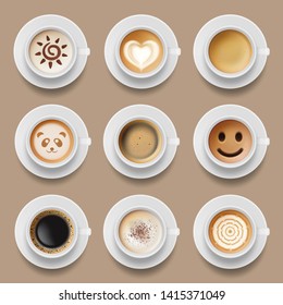 Coffee cups. Cappuccino latte americano top view of realistic hot morning drinks vector illustrations. Cappuccino and latte top view, beverage drink morning