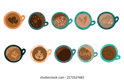 Coffee cups. Cappuccino latte americano top view of cartoon hot morning drinks vector illustrations. Cappuccino and latte top view, beverage drink morning