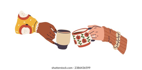 Alegría por tazas de café. La pareja de amigos celebra sus vacaciones, llevando bebidas calientes de invierno. La gente se reúne, té y tazas de cacao se aferran. Ilustración vectorial gráfica plana aislada en fondo blanco