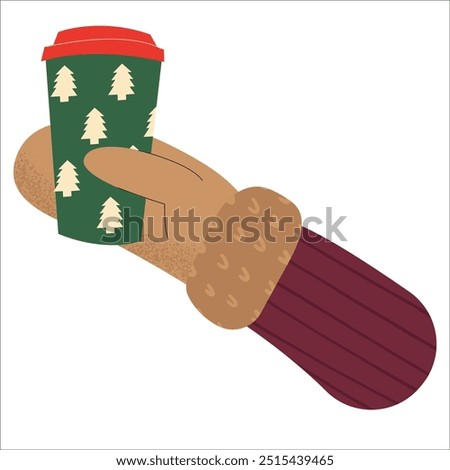 Coffee cups with christmas tree. A hand in mittens holds a cup of coffee. Cup with Christmas design. Hello Winter seasonal concept.