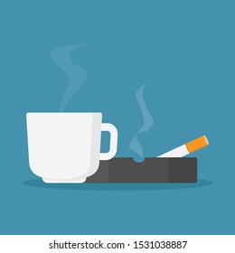 Coffee cups and cigarettes in ashtray with blue background flat design vector illustration