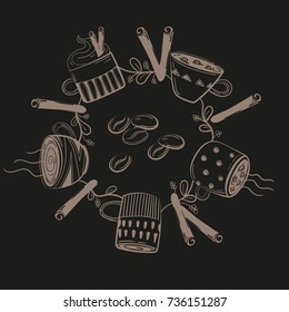 Coffee cups. Circle concept with coffee beans and cinnamon. Coffee mugs