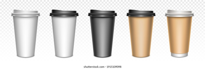 Coffee cups with closed lids, packaging mockup. Blank plastic or paper mugs for hot drinks, street take away cafe utensil for beverages. Realistic 3d vector set isolated on transparent background