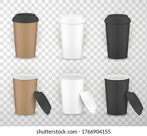 Coffee cups closed and open brown, white, black mockups set. Disposable containers with lids for hot drinks, beverages. Takeaway paper or plastic mug. Vector coffee cups isolated on transparent.