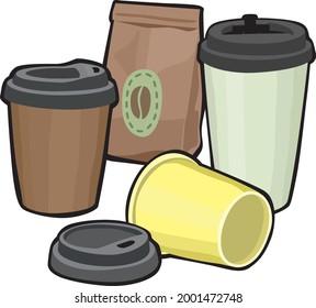 Kaffeetassen-Collage. Kaffee zum Bechern mit Deckel