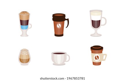 Coffee Cups Collection, Disposable Plastic, Paper, Ceramic and Glass Tableware, Cafe, Restaurant Menu Design Cartoon Vector Illustration