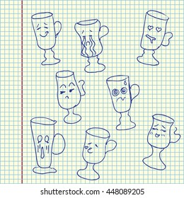 Coffee cups collection with faces. Hand drawn vector stock illustration. Sheet ball pen drawing.