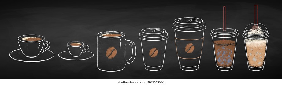 Coffee Cups Collection Isolated On Black Chalkboard Background. Vector Chalk Drawn Sideview Grunge Illustration.