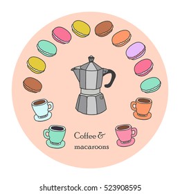 Coffee cups, colorful macaroons and coffee pot mokka are in the set. Cute cartoon hand drawn illustration. Doodle vector set of stylized food icons.