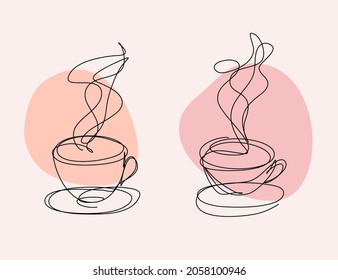 Coffee Cups in Continuous Line Art Style with editable Stroke. Simple Art for Cafe, Restaurants. Minimalistic Vector Design.