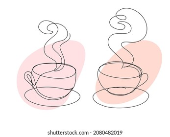 Coffee cups in continuous line art style. Simple art for cafe, restaurants. Minimalistic design. Vector illustration.
