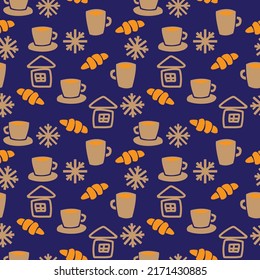 Coffee cups and croissants seamless pattern design for fashion textiles, crafts, branding, marketing and web materials