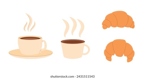 Coffee cups and croissants set isolated on white background. French bakery food and hot drink mugs. Vector flat illustration.