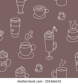 Coffee cups cute seamless vector pattern. Hand drawn coffee cups set for textile or wrapping paper postcard poster graphic design for coffee shops. Super cute coffee cups.