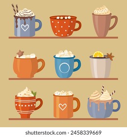 Coffee cups different utensils for hot drinks decorative mugs on kitchen shelves