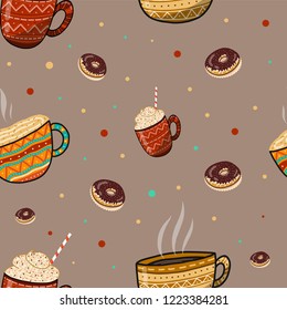 Coffee cups with donuts colorful hand drawn vector seamless pattern on light background