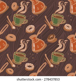 Coffee cups and donuts. Vector seamless pattern
