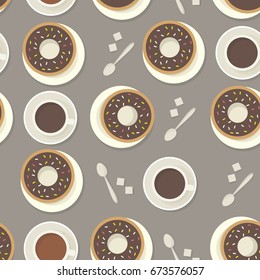 Coffee cups and donuts vector seamless pattern.