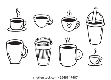 Coffee cups doodle set. coffee cup hand drawn line signs. Outline coffee cups. Vector illustration