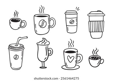 Coffee cups doodle set. coffee cup hand drawn line signs. Outline coffee cups. Vector illustration