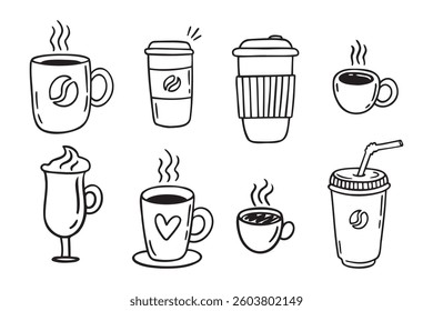Coffee cups doodle set. coffee cup hand drawn line signs. Outline coffee cups. Vector illustration