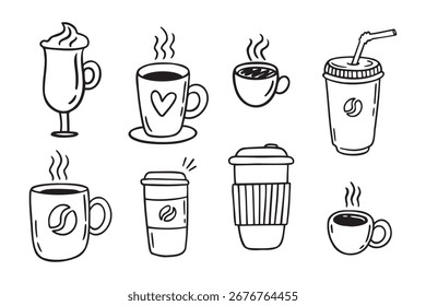 Kaffeetassen-Doodle-Set. handgezeichnete Linienschilder für Kaffeetassen. Umreißen Sie Kaffeetassen. Vektorgrafik
