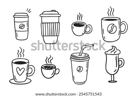 Coffee cups doodle set. coffee cup hand drawn line signs. Outline coffee cups. Vector illustration