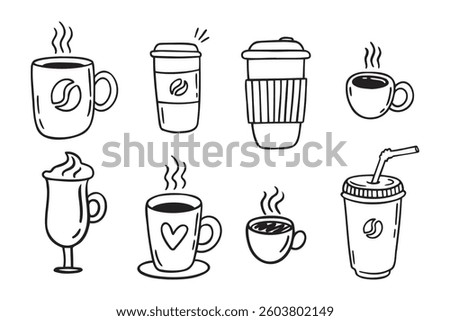 Coffee cups doodle set. coffee cup hand drawn line signs. Outline coffee cups. Vector illustration