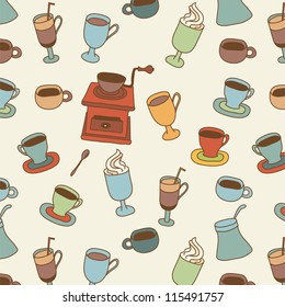 Coffee cups doodles hand drawn seamless vector pattern