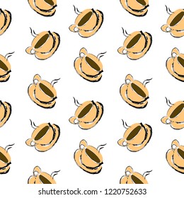 Coffee cups drawing with ink on white background, eamless pattern background
